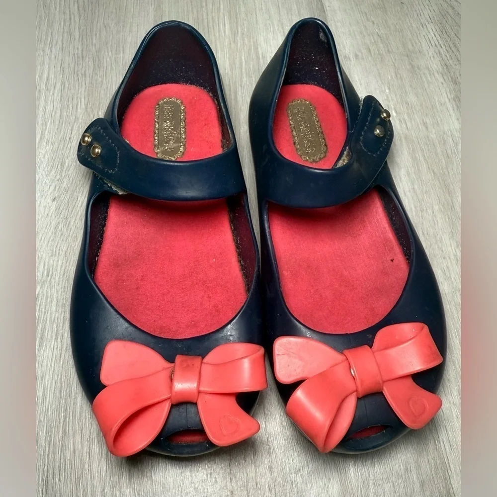 Mini Melissa Toddler Girl Blue With Pink Ribbon Bow Mary Jane Shoes Size 8